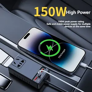 150W Car Power Inverter 12V 24V to 220V Plug Socket with 2 USB Ports Type C PD Fast Charging Smart Rapid Charger for Phone Laptop Tablet Power Converter for Cars Trucks RVs SUV Travel Essential Car Accessory Portable Lightweight Compact Automobile Adapter