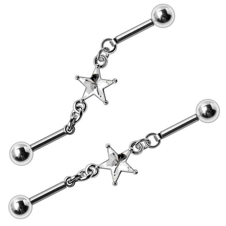Stainless Steel 316L Prong Set Star Chain Industrial Barbell 14 Gauge 38mm Length with Cubic Zirconia Charm
