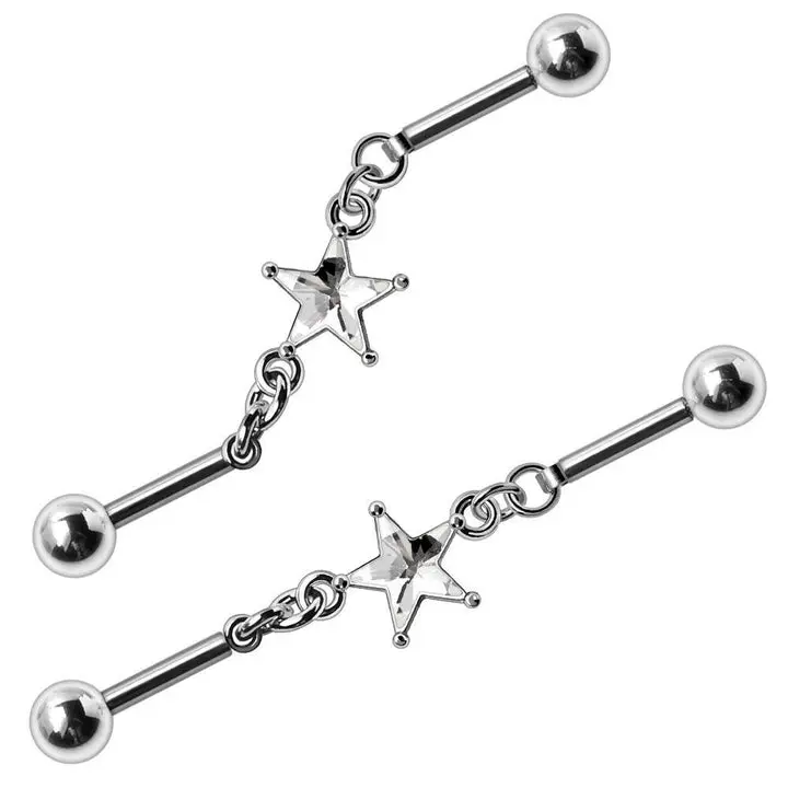 Stainless Steel 316L Prong Set Star Chain Industrial Barbell 14 Gauge 38mm Length with Cubic Zirconia Charm