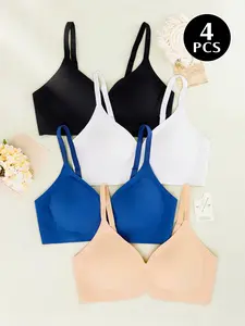 4-Pack Plus Size Seamless Bra, Soft Gel Padding, Medium Support, Adjustable Straps, Removable Pads, All-Season Casual Lingerie