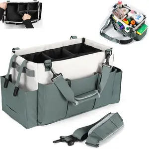 Green and white cleaning bag storage bag with handles wearable supplies bag tote shoulder strap and waist belt under-sink tool multiple compartments