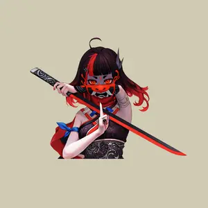 Oni Mask Samurai Girl Sticker,  Red Demon Blade Aesthetic,  Japanese Anime Warrior Vinyl Decal for Laptop & Water Bottle