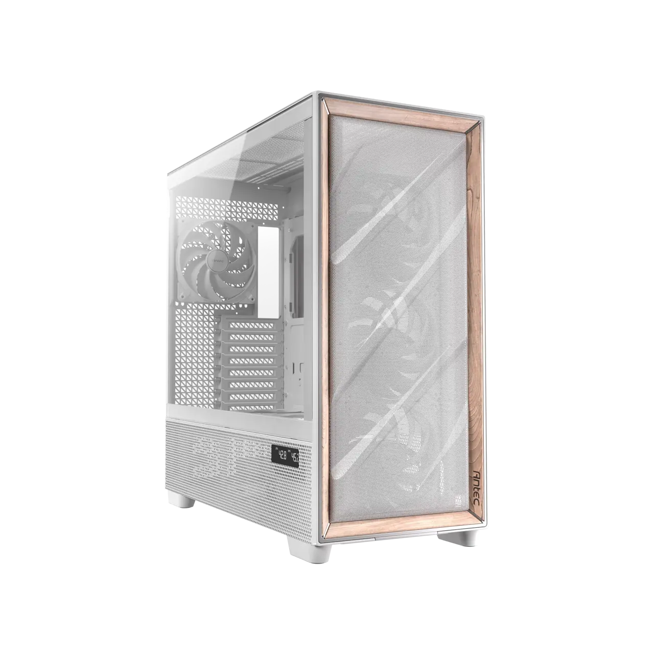 Antec Flux Pro White, 6 x PWM Fans Included, High-Airflow Front Panel with Birch Wood, iShift PSU 90° Mount, USB3.0 x 2, Type-C, 420mm Radiator Support, Temp. Display, Full-Tower E-ATX PC Case