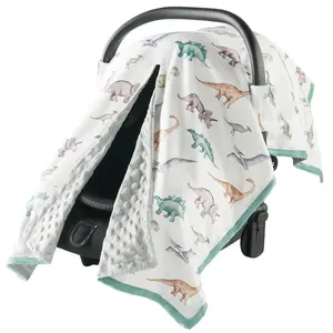 Car Seat Cover - Ultra Soft Minky Infant Car Seat Canopy with Snap Peekaboo Opening, Multi-Use Stroller Cover, Nursing Cover & Plush Blanket with Dinosaur Pattern for Boys (Grey)