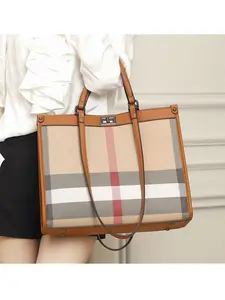 Women's Leather Plaid Handbag & Tote Bag, Casual Trendy Bag, New Fashion Large Capacity Shoulder Commuter Bag, High-End Single Strap Design