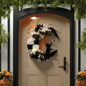 Rose Moon Cat Door Wreath, Gothic Decor, Durable Plastic, Easy Clean, Perfect for Halloween, Haunted Houses, Witch Altars