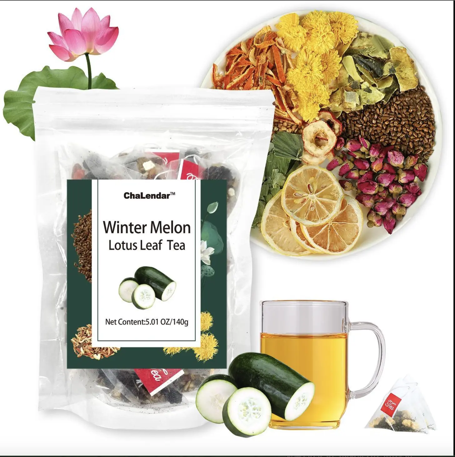 ChaLendar Winter Melon Lotus Leaf Tea 20 Bags 160g Natural Vegan Beverage with Wax Gourd Lotus Leaf Blend for Daily Health Routine, Tea Packets, Chinese Health Tea