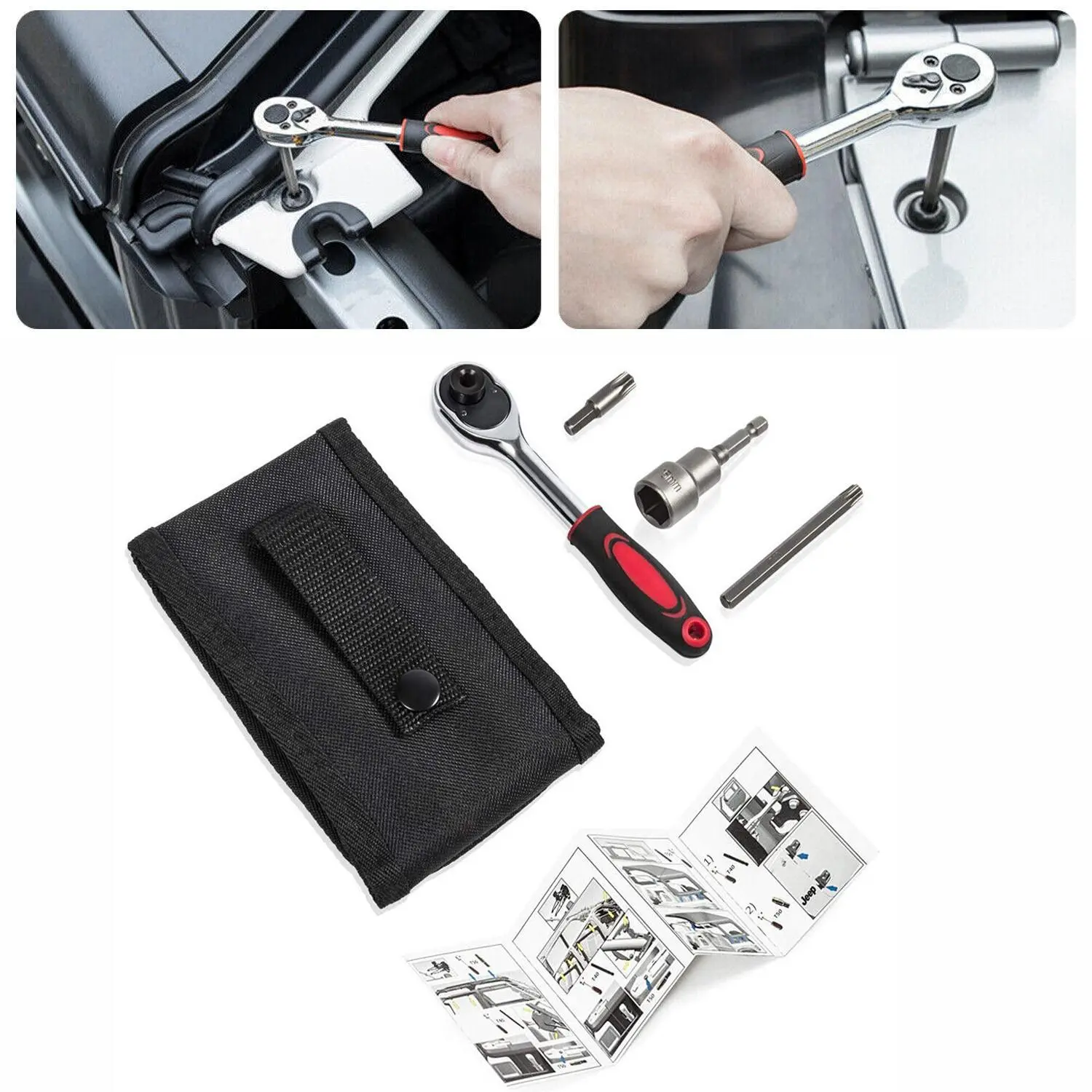 Heavy Duty Chrome Steel Door Dismount Torx Set Tool Kit for Jeep Wrangler JK JL Fit, 1 Set Anti-Corrosion Car Repair Tool with Torx Bit, 15mm Socket, 5-5/16" Length Smooth Action Ratchet, Quick Guide for Hard Top Removal