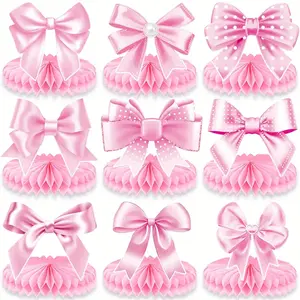 9 PCS Pink Bow Honeycomb Centerpieces Party Decorations, Coquette Birthday Decorations Pink Bow Table Decor for Bachelorette Bridal Shower Party Supplies