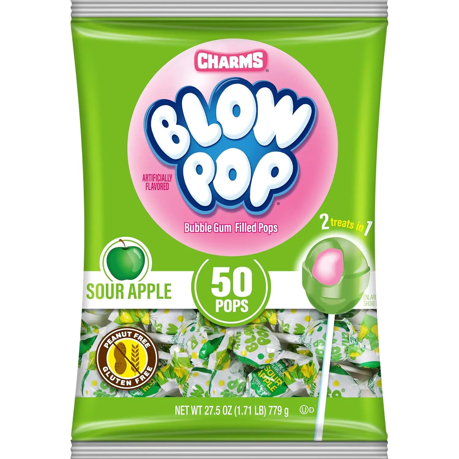 Charms Blow Pop Single Flavor Bag, 50 Count (Pack of 1) | Individually Wrapped, Dual Candy and Gum Suckers, Bulk Treats for Kids and Adults, Peanut Free, Kosher, Gluten Free