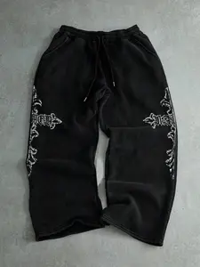 Men's Autumn Cross Print Straight Leg Sports Pants, Drawstring Waist Athleisure, Loose Fit Casual Street Style, All Season Comfortable Wear for Men & Women