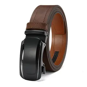 Men’s leather belt with an automatic buckle featuring a matte black head, side cutouts, and double-sided dual-tone trim; it’s a durable dress belt that blends casual and formal styles, suitable for various occasions — an excellent gift for Valentine’s Day