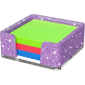 Sticky Note Holder, Glitter Purple Acrylic Notepad Holder 3x3 in Self-Stick Note Dispenser Office Desk Accessories, Memo Pad Holder Organizer for Classroom School Supplies