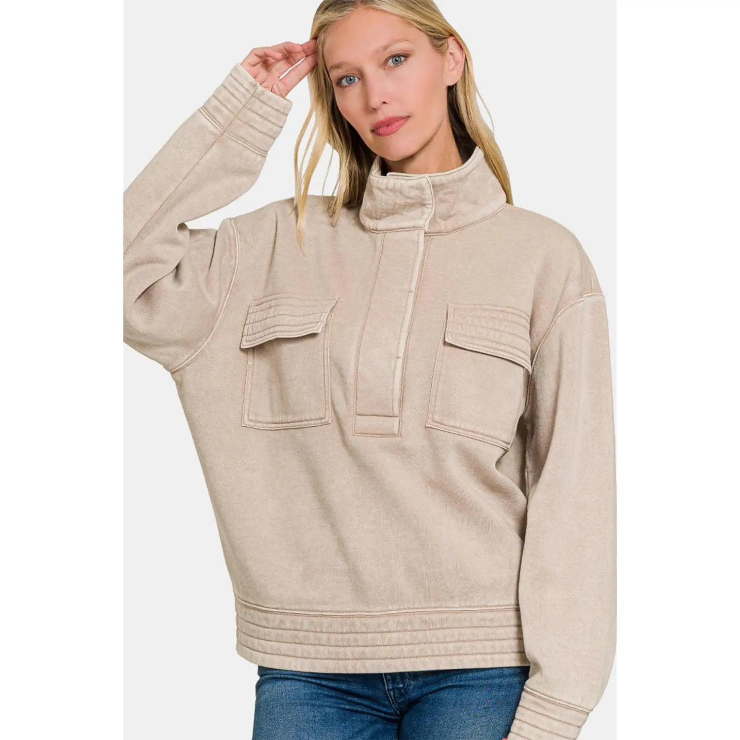 Zenana Acid Washed Half Snap Fleece Sweatshirt