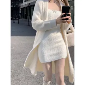 2025 Autumn Knitted Suits Women  Clothing Korean Fashion 2 Piece Dress Sets Female Casual Cardigan Coast + Mini Dress Vintage