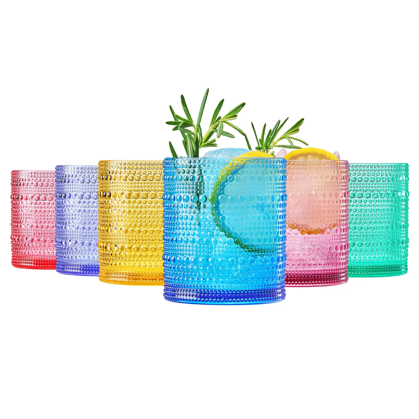 Khen Plastic Hobnail Drinking Glasses Set of 6 Bright Tones Cups 14oz, Shatterproof & Unbreakable Acrylic Beaded Design, BPA-Free, Dishwasher Safe Indoor/Outdoor Drinkware for Water, Juice, Cocktails