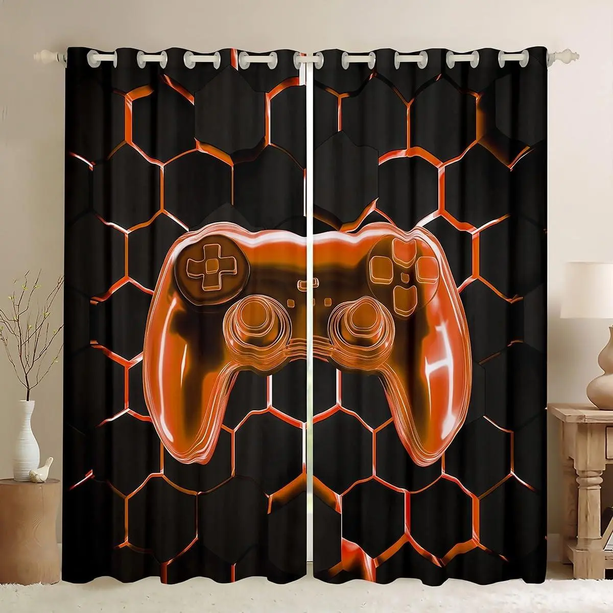 Gamer Boys Curtain (2 Panels ),Kids Gaming Window Drapes for Girls Teens,Honeycomb Game Blackout Shades Lightweight Microfiber Game Room Decor Orange