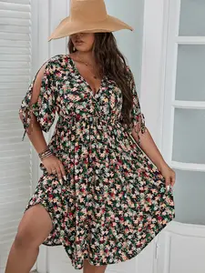 Plus Size Ditsy Floral Print Knotted Half Sleeve Wrap V Neck A Line Dress, Summer Clothes Women, Boho Fashion Casual High Waist Dress, Summer Outfits 2024