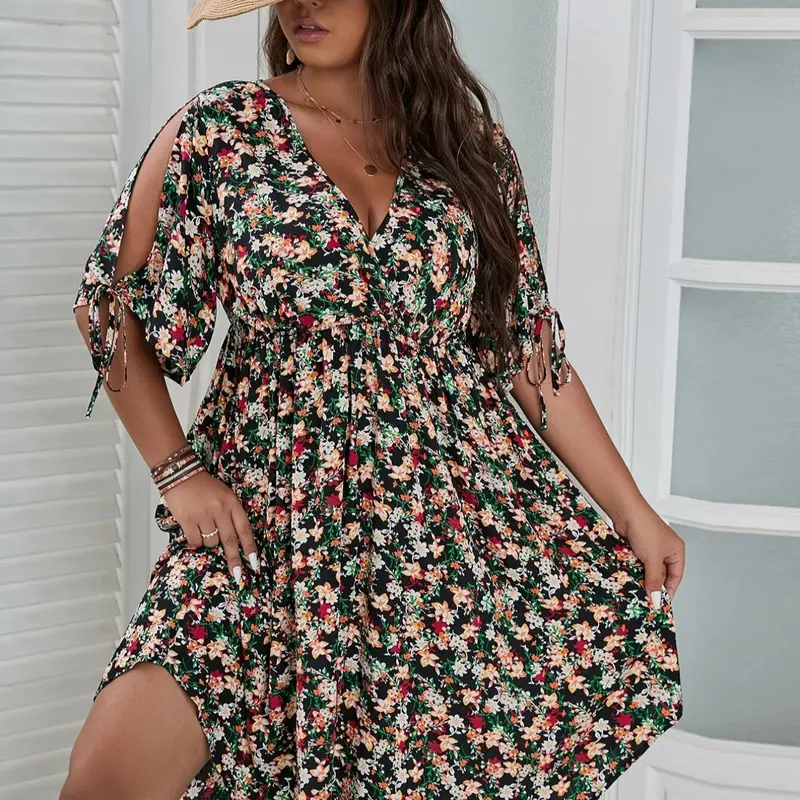 Plus Size Ditsy Floral Print Knotted Half Sleeve Wrap V Neck A Line Dress, Summer Clothes Women, Bohemian Boho Fashion Casual High Waist Dress, Summer Outfits 2024