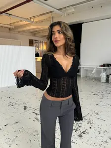 French Lace Bodycon Top, Deep V Neckline, Sheer Floral Pattern, Slim-Fitting Long Sleeve, Perfect for Night Out & Commuting