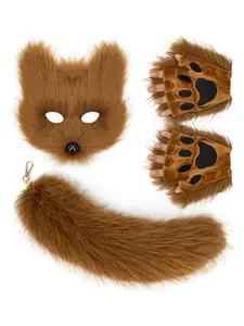 Halloween Fox Mask Set, Plush Tail & Gloves, Werewolf Style Costume Accessories, All-Season Party Fun, Plain Pattern Design