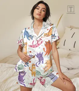 Cute Cat Satin Pajama Set Women, Short Sleeve Kitty Sleepwear, Matching Two Piece Lounge Outfit, Gift Idea