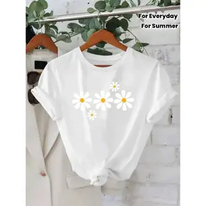Women'S White Daisy Print T-Shirt - Loose Fit Short Sleeve Round Neck Blouse, Breathable Summer & Everyday Top With Short Sleeve Round Neck, Machine Washable Casual Wear For Parties & Daily Outfits - Ladies T-Shirts In White With Daisy Flower