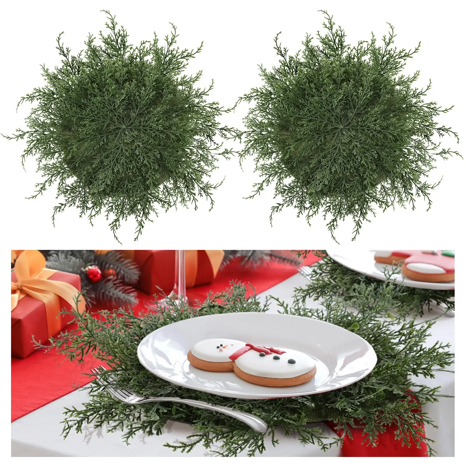 Plastic Christmas Pine Branch Placemats Set (6-Piece, 20in Round) - Simulated Pine Branches Dining Table Mats with Visual Appeal for Creating Warm and Pleasant Xmas Party Decorations