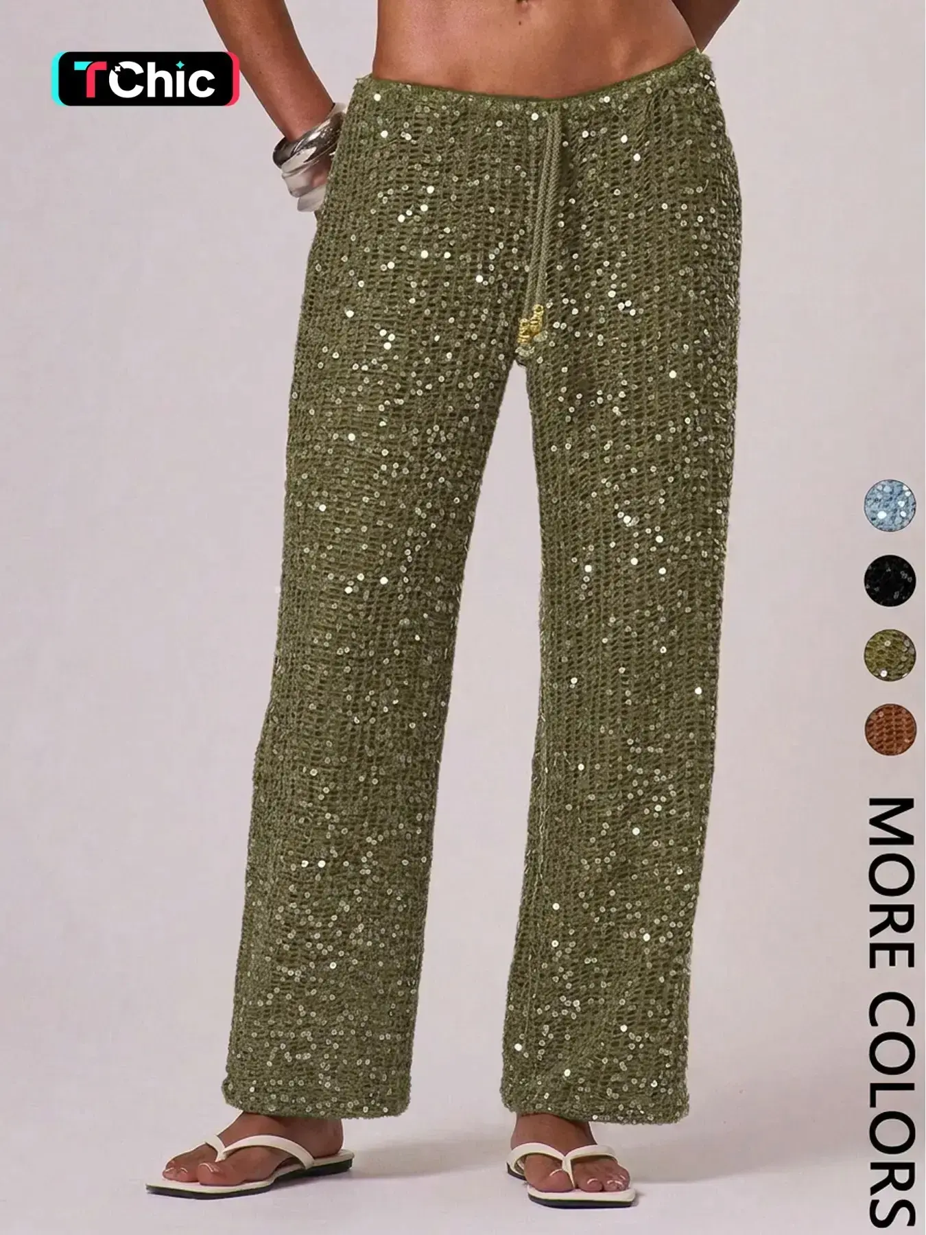Women's Bohemian Style Beach Pants, Elegant Summer Sequined Long Trousers, Fashionable Holiday Wear, Ladies' Casual Fitted Womenswear, Chic Casual Trousers