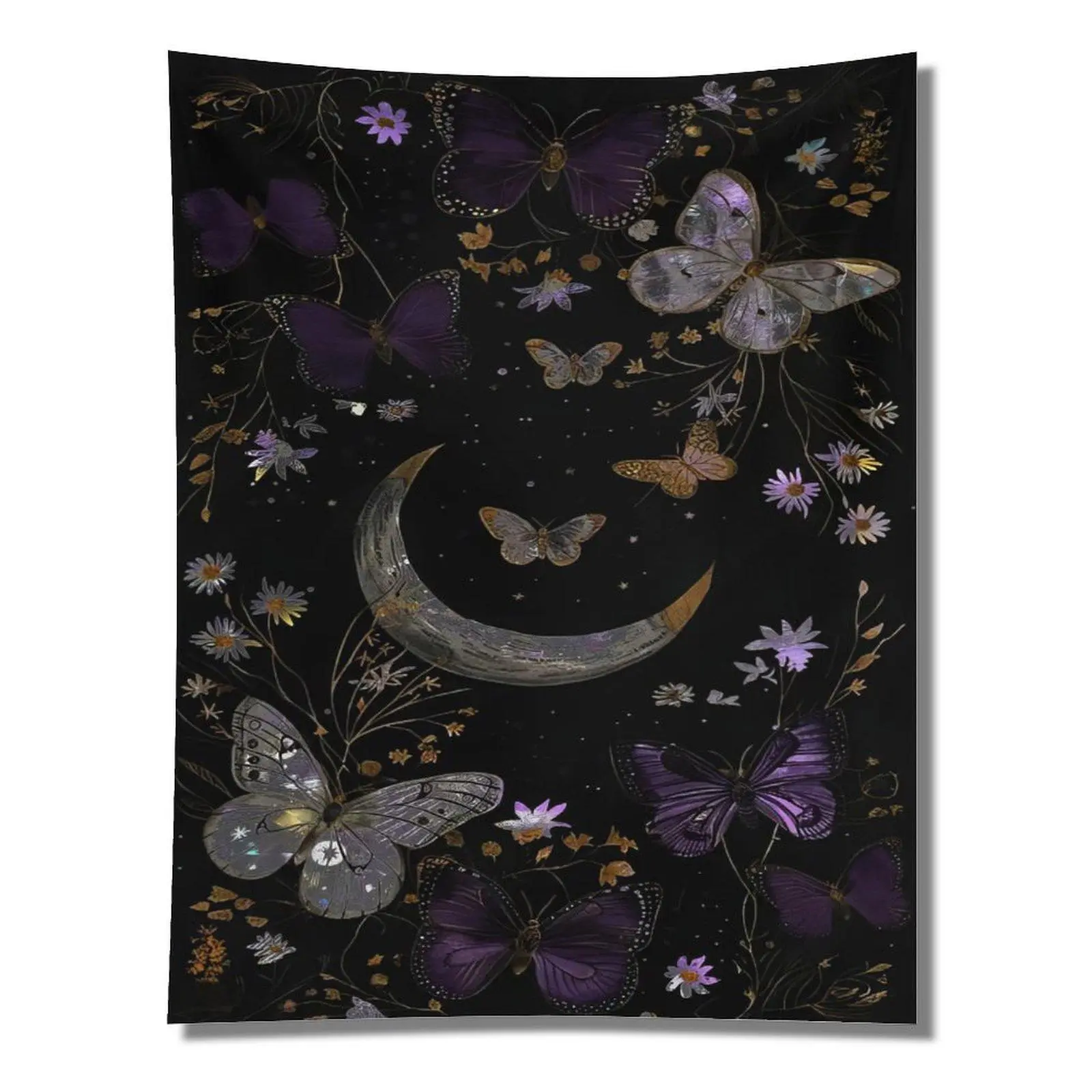 Dark Vintage Crescent Moon Purple Transparent Butterfly Dried Wildflower Starry Night Witchy Celestial Dark Academia Wall Tapestry Wall Hanging Gothic Cottagecore Bedroom Decor