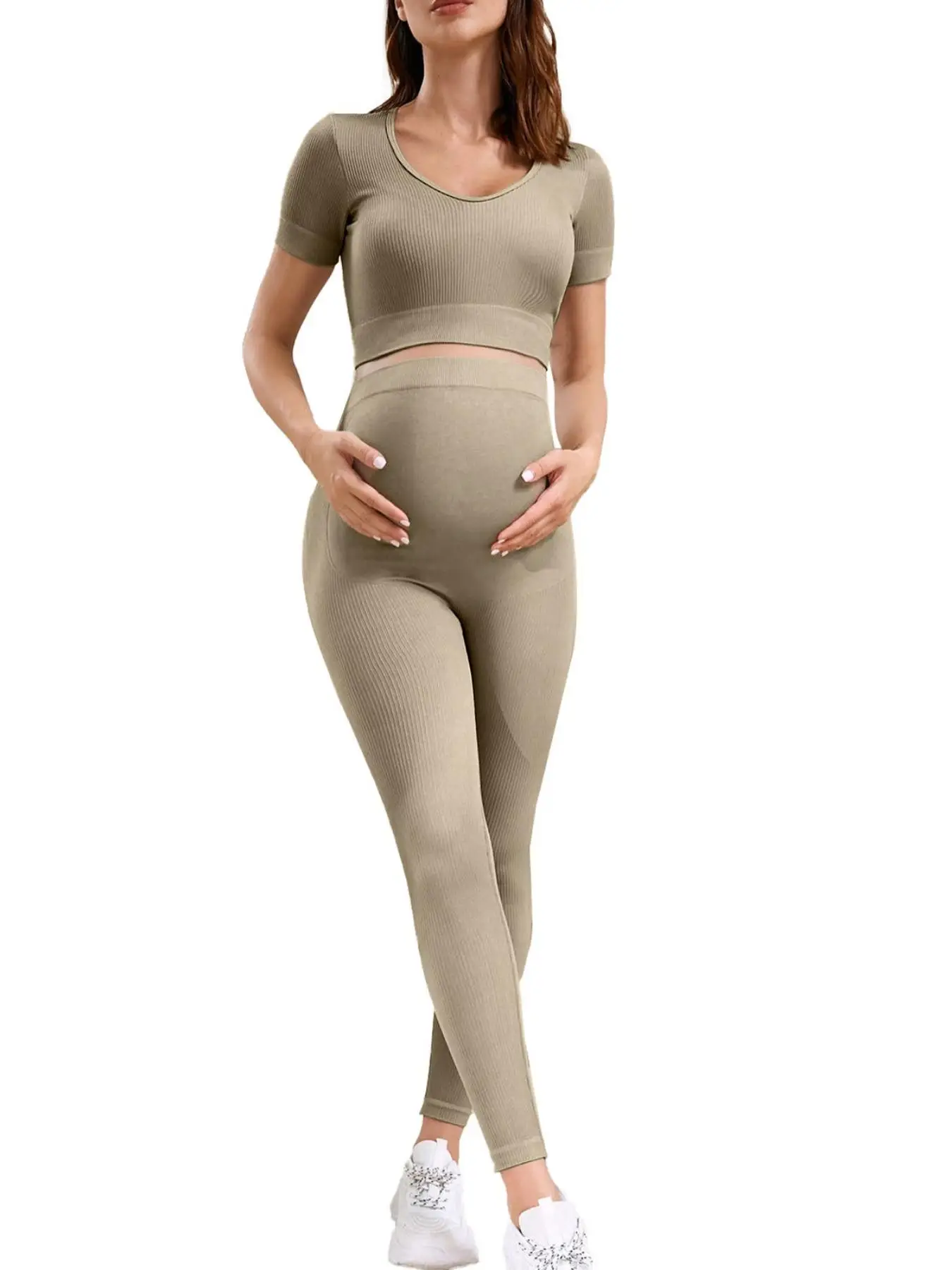 Maternity Solid Color V Neck Crop Top & Leggings Two-Piece Set, Casual Comfy Breathable Maternity for Summer, Pregnant Women's Clothing for Indoor Wea