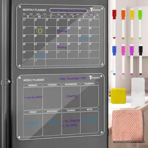 Acrylic Magnetic Calendar for Fridge 2 Pcs 12"X16" Clear Acrylic Magnetic Dry Erase Planning Board of Monthly & Weekly Calendar for Refrigerator with 8 Colored Markers/Magnetic Holder/Eva Eraser/Towe