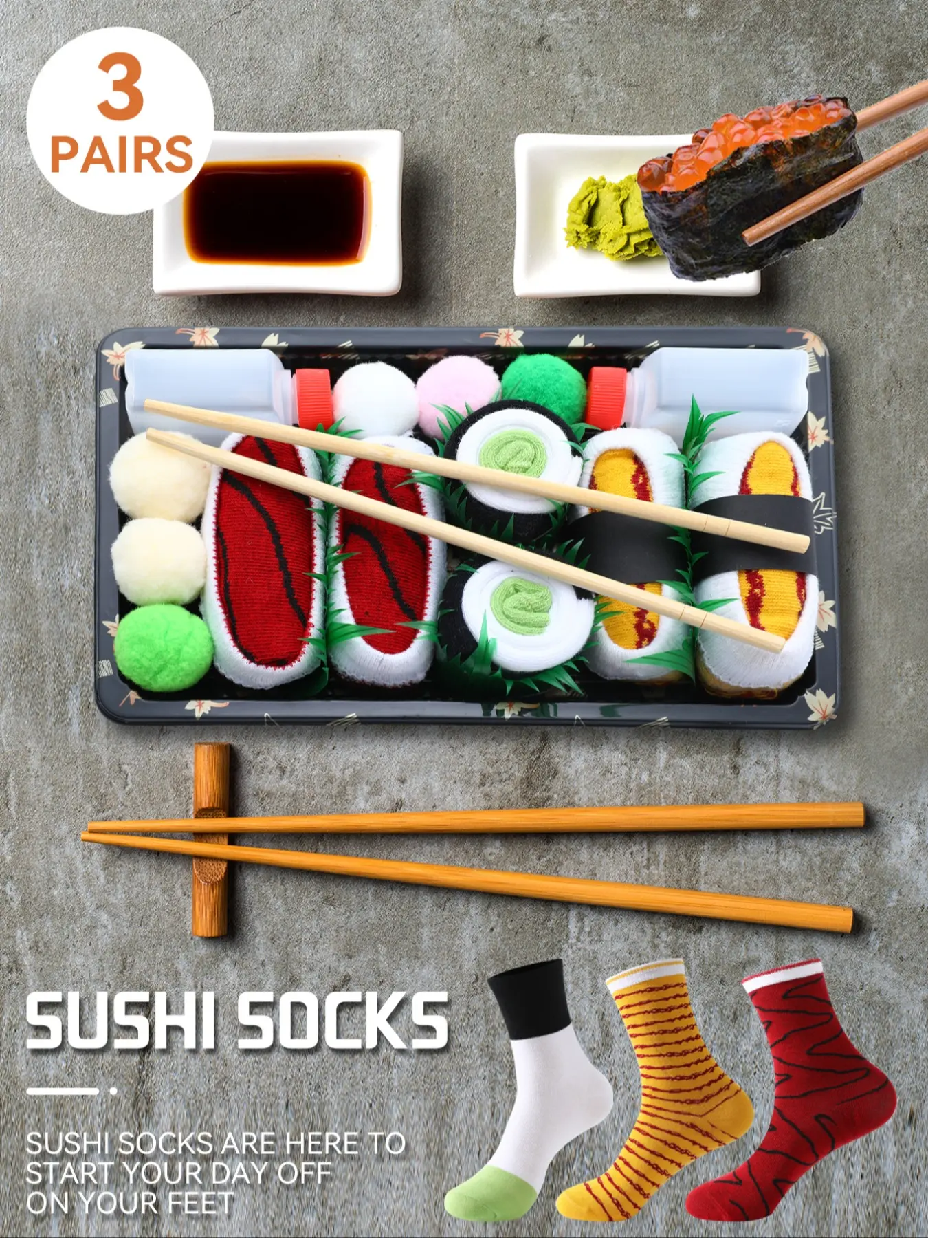 3 Pairs Trendy Gift Socks, Autumn Winter New Unisex Sushi Design, Long Warm Soft Comfortable, Perfect for All Seasons, Casual Comfy Socks