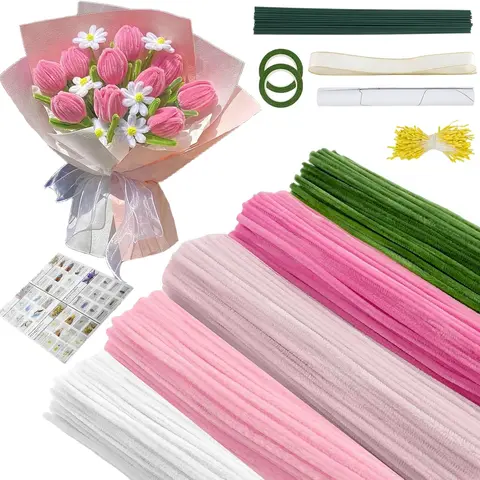 500-Piece Colored Pipe Cleaners Floral Arranging Craft Kit (Pink) with Wrapping Paper, 5-Color Chenille Stems, Flower Stems, Floral Tape, Stamen, Ribbon for Handmade Gifts