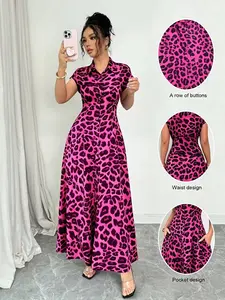 Elegant Leopard Print Lapel Short Sleeve Waist-Cinch Button Dress for Women, Stylish and Chic Aesthetic Summer, Perfect for Casual Occasions Womenswear