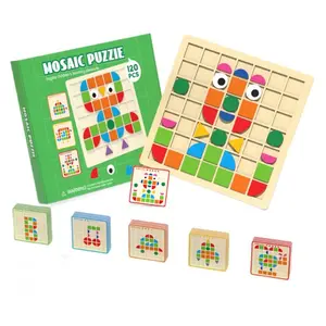 Wooden 3D Geometric Mosaic Puzzle Board, Shape Recognition Puzzles, Color and Shape Cognitive Hand-Eye Coordination Training, Birthday Gift for 3+, New Year Present