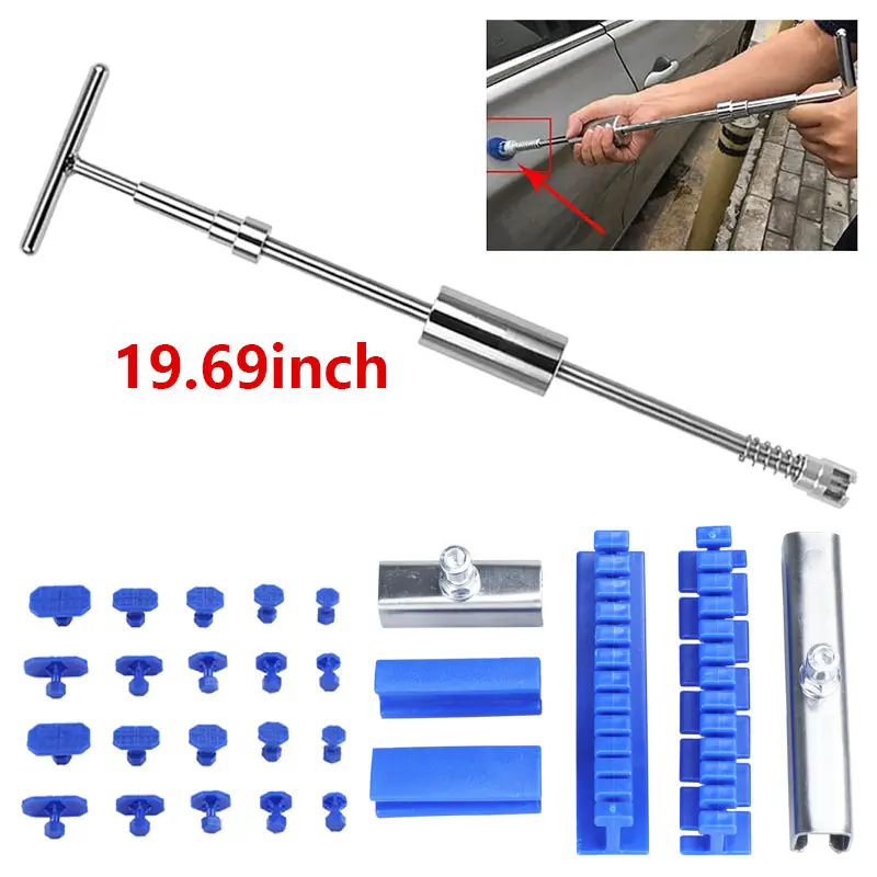 2 In1 Car Dent Repair Tool 19.69inch Adjustable Dent Puller Long Style T-Shaped Dent Repair Tool Paint-Free Removal Auto Small Dent With 28Pcs Spacer Repair Car Body Small Dents,Hail Pits - No Glue