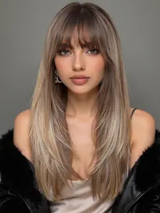 20 Inch Fashionable New Brown Gradient Blonde Long Straight Layered Wigs with Bangs, Synthetic Women's Wigs for Ordinary Work, Life, Dance Parties and All Occasions