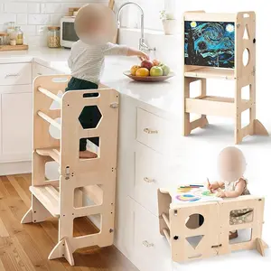 4-in-1 Toddler Kitchen Step Stool, Foldable Learning Standing Tower with Blackboard, Wooden Kitchen Stool Helper for Kids, 1-3 Year Old Boy Girl Gifts