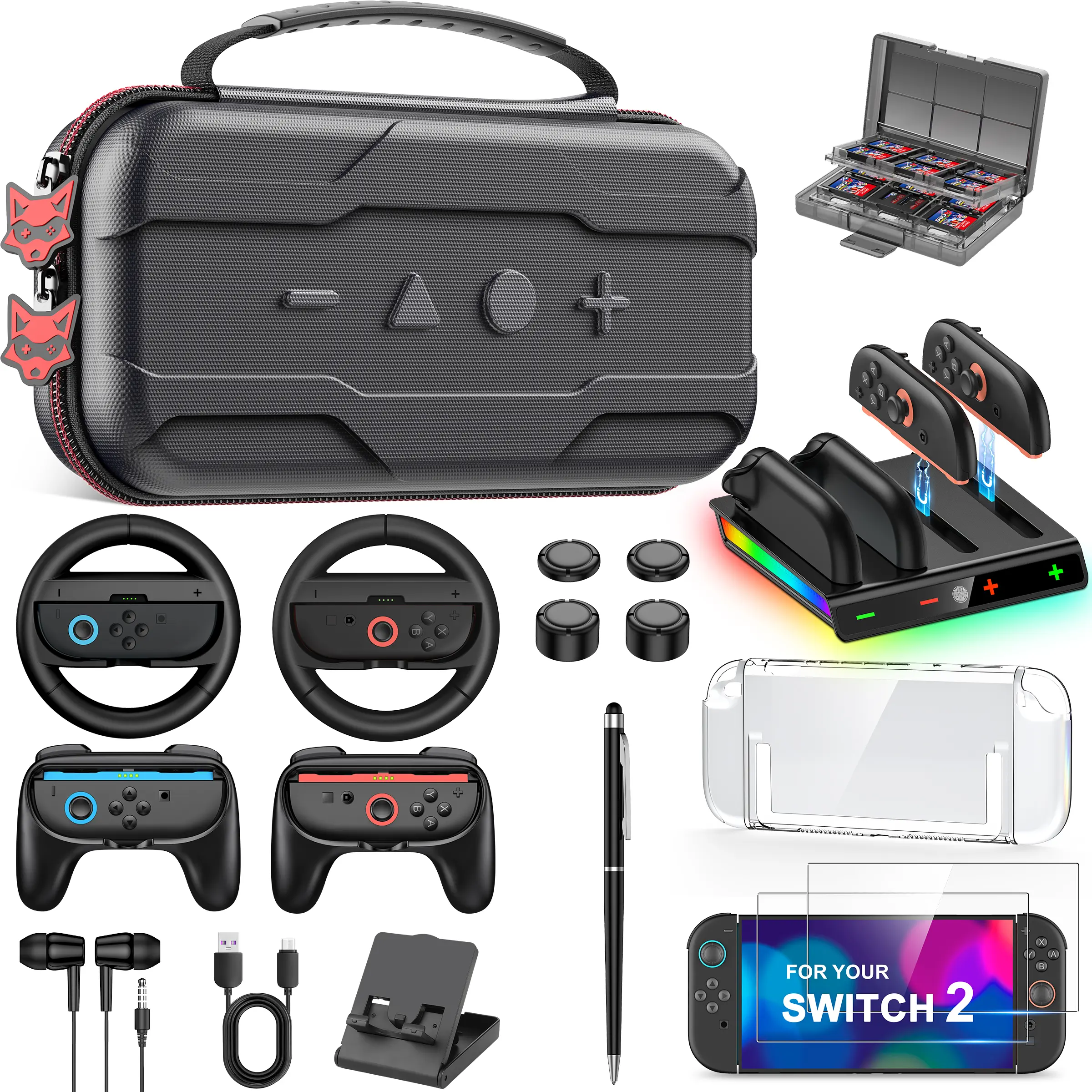 ESYWEN 11-in-1 Gaming Products Bundle for Nintendo Switch 2, Transparent Device Game Peripherals Kit with Storage Bag, Steering Wheel, Controller Grips, Tempered Glass Screen Protector, Game Card Case, Earphones, Chargers, Handle Charging Stand