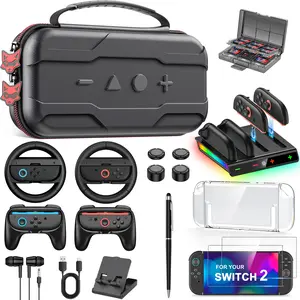 ESYWEN 11 in 1 Accessories Kit for Nintendo swtich 2 , Family Accessories Bundle for Switch2 with Storage Bag, Steering Wheel, Controller Grips, Screen Protector, Game Card Case,Earphones, tempered glass, handle charging stand, earphones