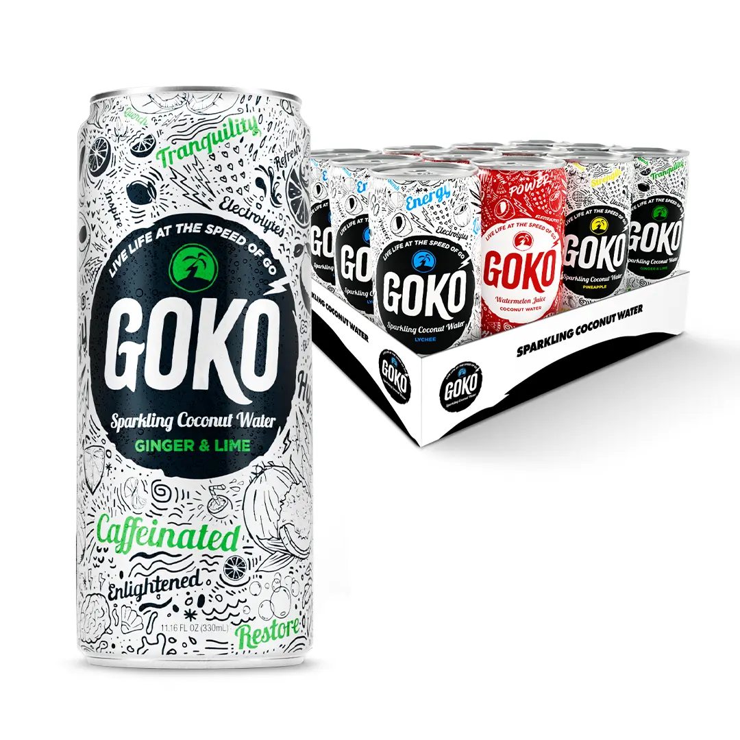 Goko - Ginger & Lime Sparkling Caffeinated Coconut Water Energy Drink - 95mg Natural Caffeine - No Added Sugar - 80Cal Clean Energy