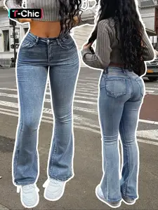 Women's Mid-rise Washed Stretch Fit Skinny Flared Denim Button Jeans, Hip-lifting Slim Flared Pants