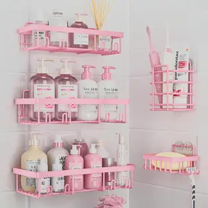 Pink 5-Pack Bathroom Accessories Set Rust-Proof Waterproof No Drilling Shower caddy Storage Rack with Toothbrush Soap Holder Large Capacity Minimalist Design Holiday Haul Deal Christmas Gift kitchen  shelving