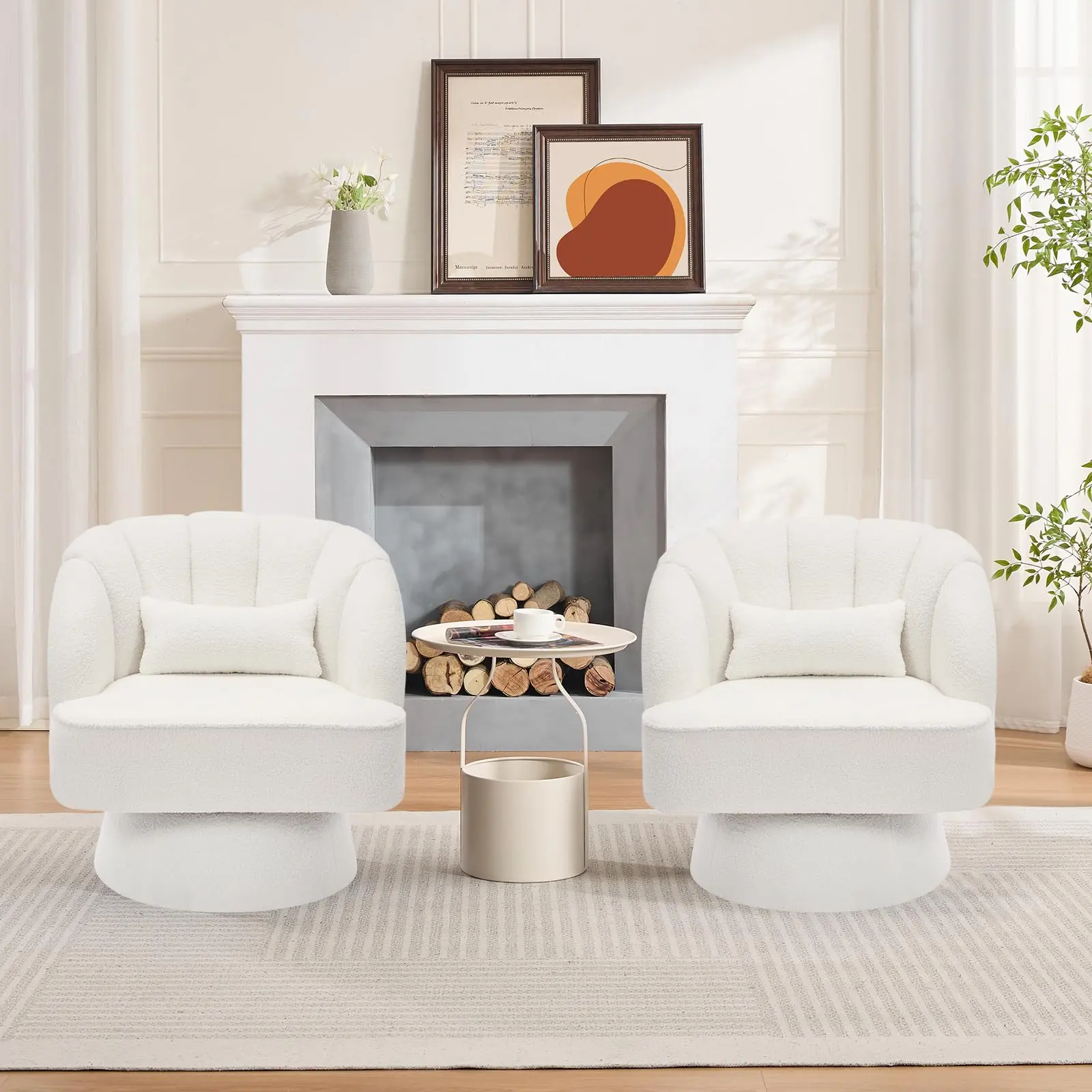 2-Pack Garvee Rolling Swivel Barrel Chair - Teddy Bear Velvet Upholstered Modern Armchair with Striped Backrest, Plush Padding, Contoured Ergonomic/High-Class Aesthetic Indoor Loungers, 27.6"d x 27.6"w x 27.6"h for Living Room, Nursery