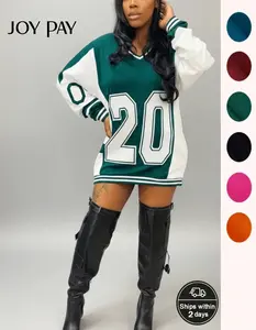 JOYPAY Women's Oversized Varsity Jersey Sweatshirt with Bold Number Print Long Sleeve V-neck Pullover in Green Black Red Blue Orange RoseRed for Casual Streetwear & Everyday Wear Sporty Varsity Design