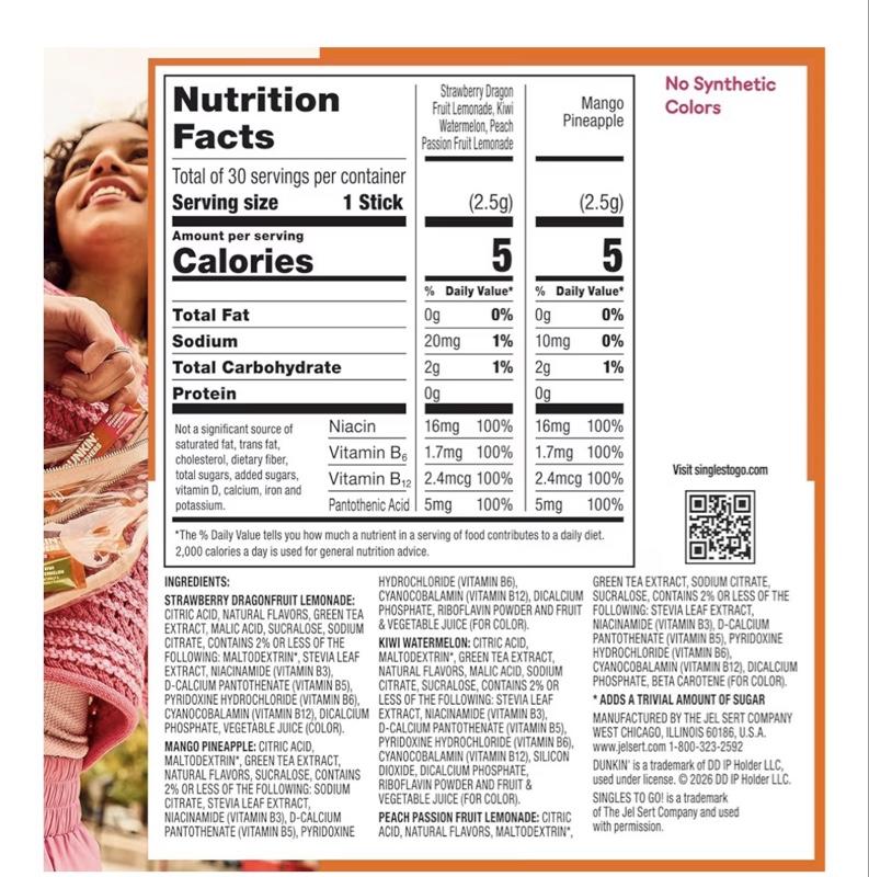 Dunkin' Refreshers Zero Sugar Singles to go Powdered Drink Mix Variety Pack, 30 Count Packets