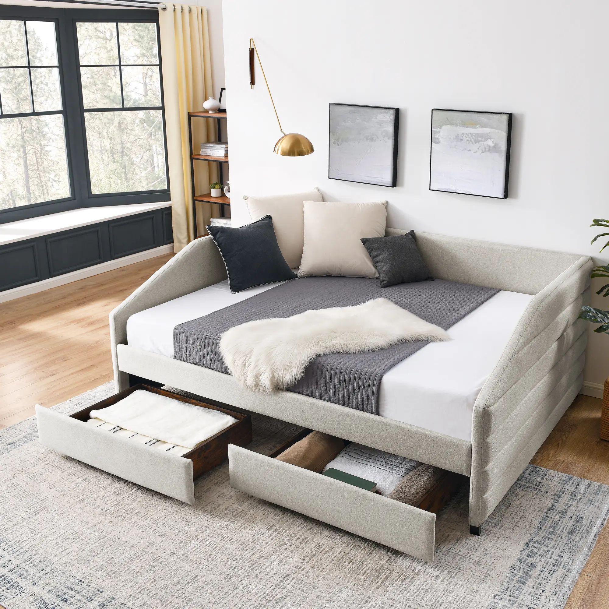 Queen Size Daybed with Two Drawers Trundle Upholstered Tufted Sofa Bed, Linen Fabric