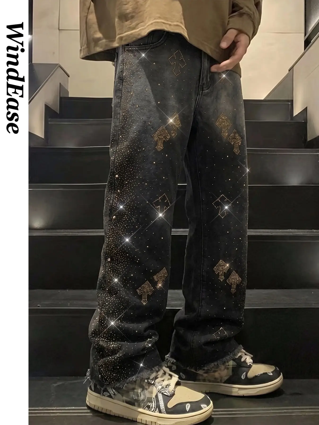 High-End Distressed Cross Rhinestone Jeans, Unisex Loose Fit Baggy Wide Leg Pants, Casual Ankle-Length Tencel Fabric, Streetwear