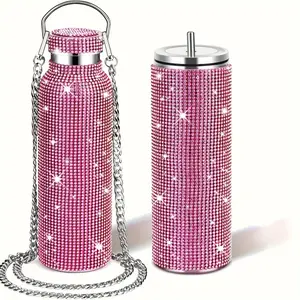 dd  Set, Studded Vacuum And Tumbler, 600ml/20oz Stainless Steel Insulated Water Bottles Set, Portable Drinking Cups, For Car, Home, Office, Summer Drinkware, Travel Accessories, Birthday Gifts  vv